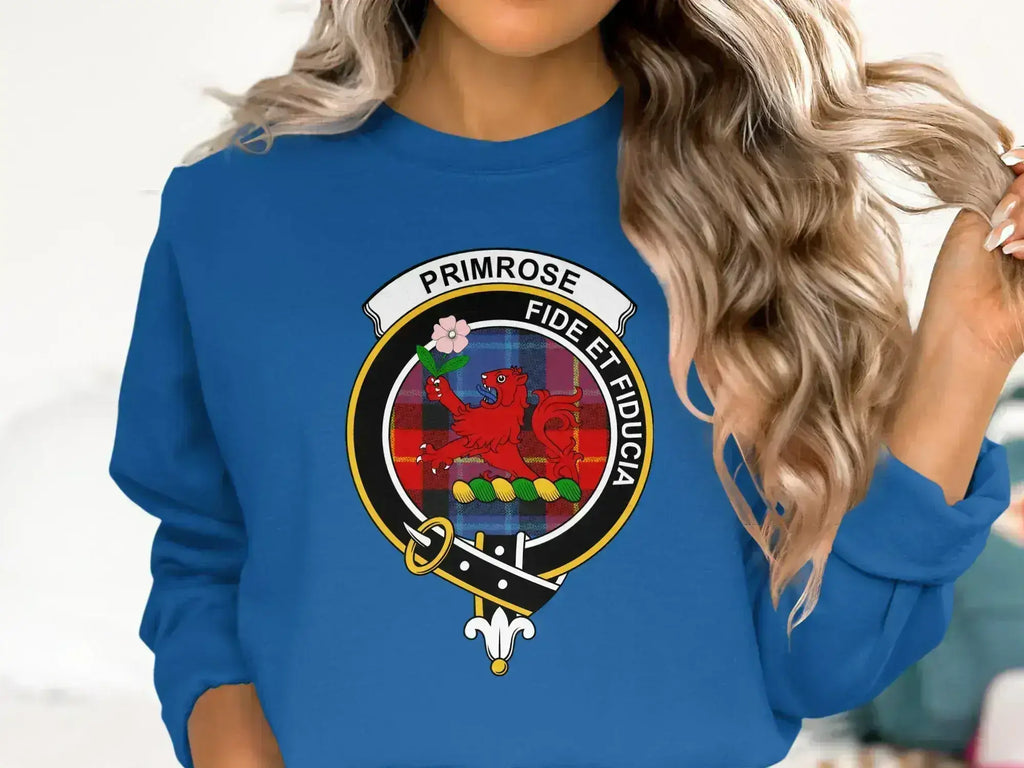 Clan Primrose sweatshirt in royal blue — tartan crest on crewneck fleece