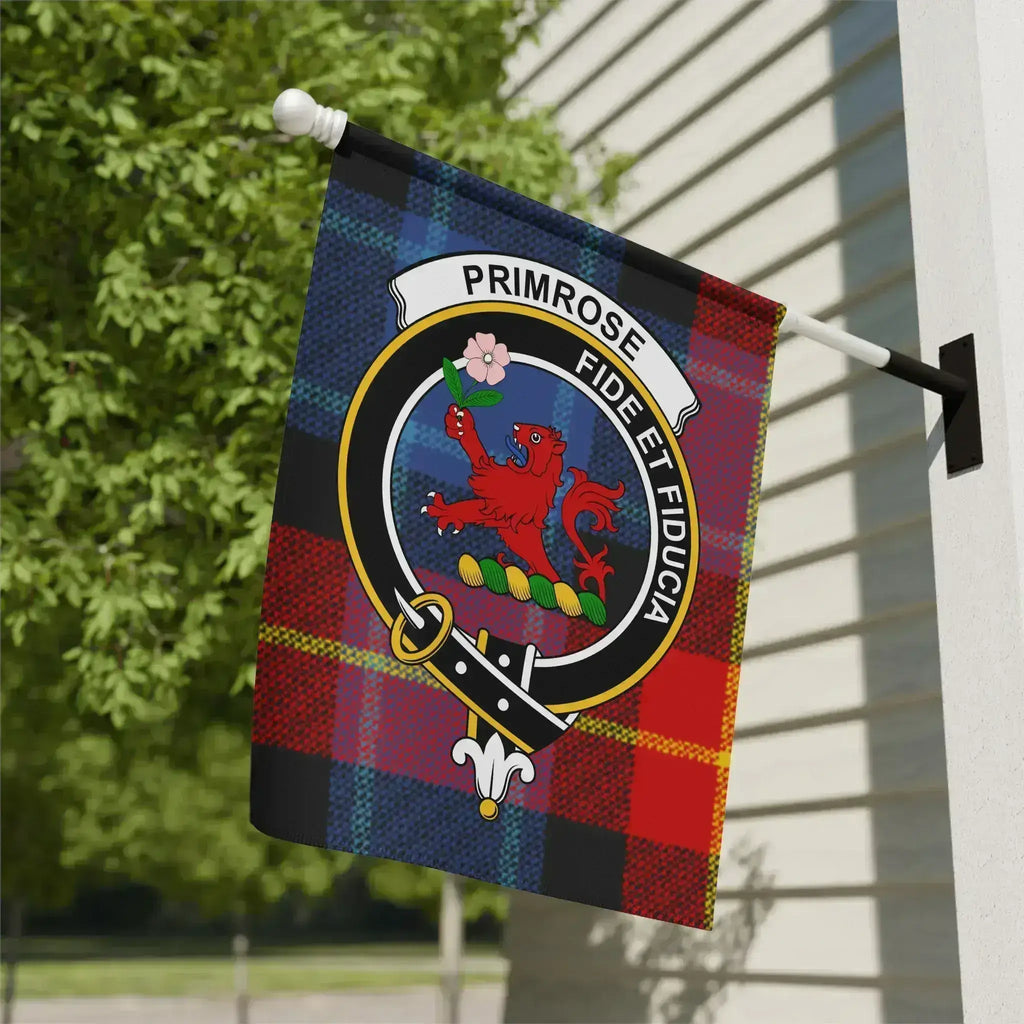 Clan Primrose tartan garden flag — 12x18 inch, poly canvas with red lion crest design