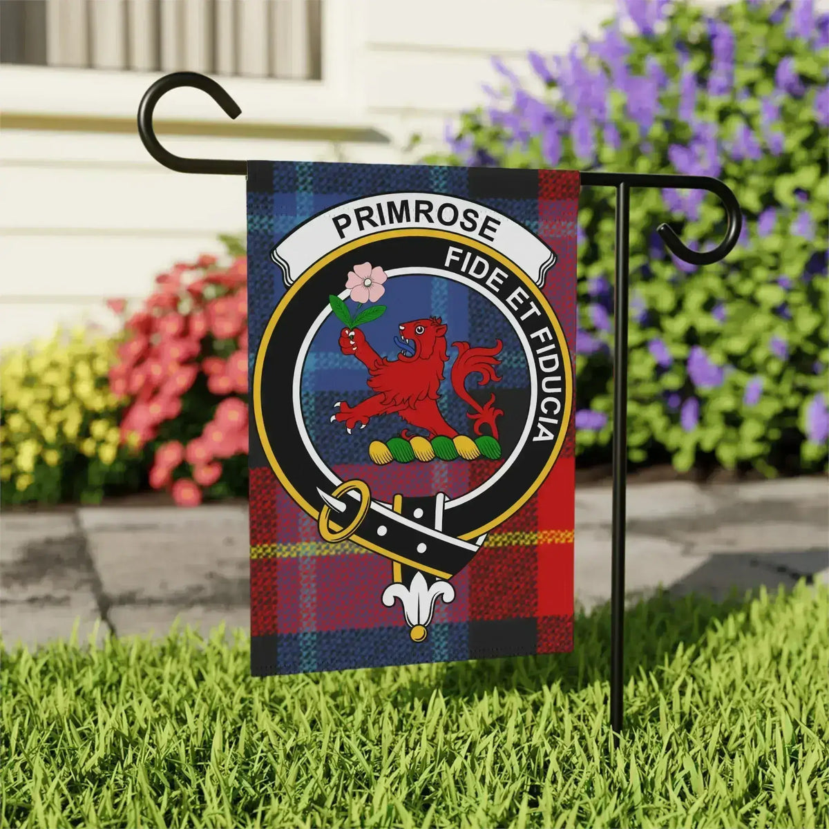 Primrose clan crest garden flag — 24.5x32 inch outdoor display, fide et fiducia tartan