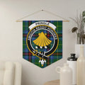 Clan Pringle tartan crest pennant — 18" x 21" polyester twill with Amicitia Reddit Honores emblem, wooden dowel
