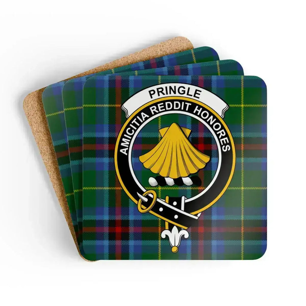 Clan Pringle crest tartan coaster — glossy printed square cork coaster, 3.75" x 3.75"