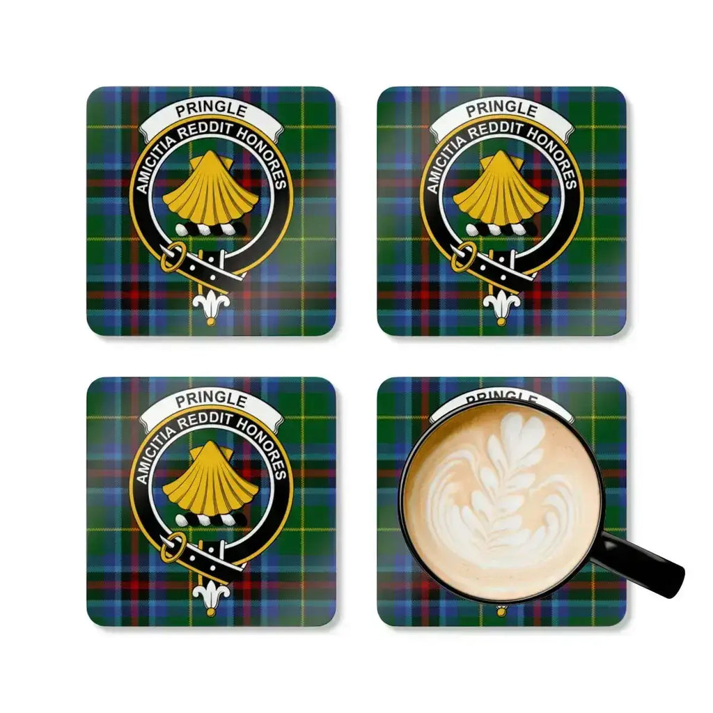 Pringle Amicitia Reddit Honores plaid coaster — full-colour crest print on natural cork base
