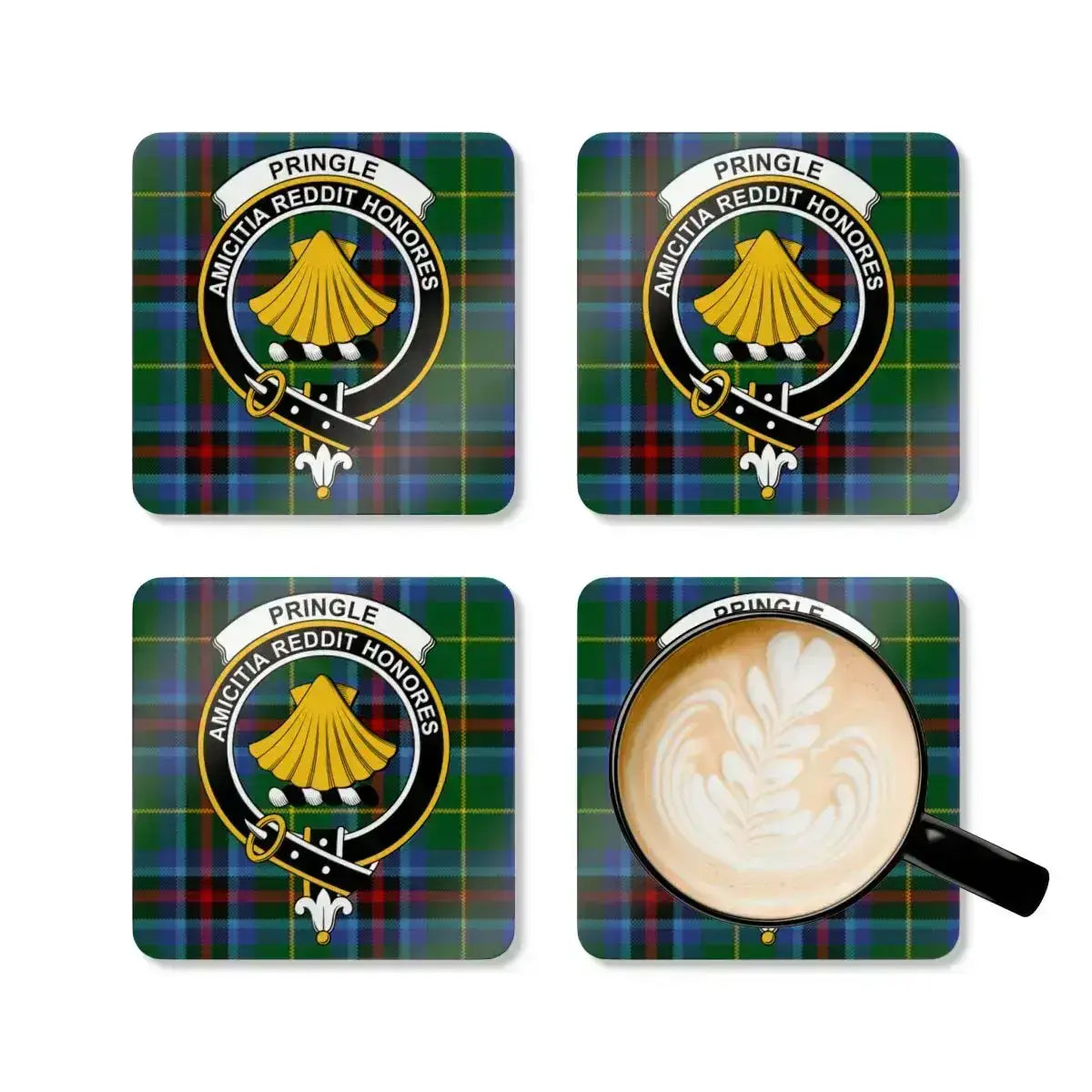 Pringle Amicitia Reddit Honores plaid coaster — full-colour crest print on natural cork base