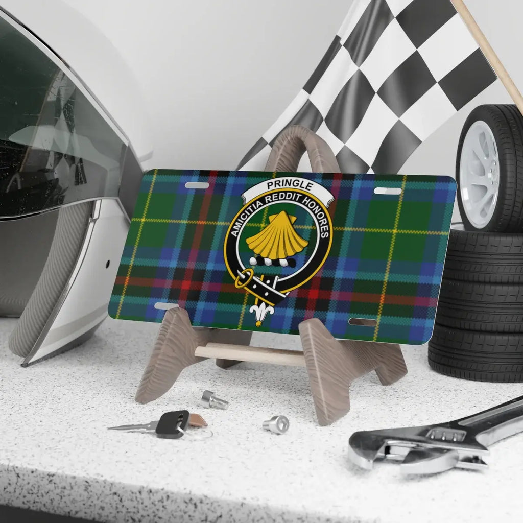 Clan Pringle tartan novelty license plate — Amicitia Reddit Honores crest, 12" x 6" aluminium