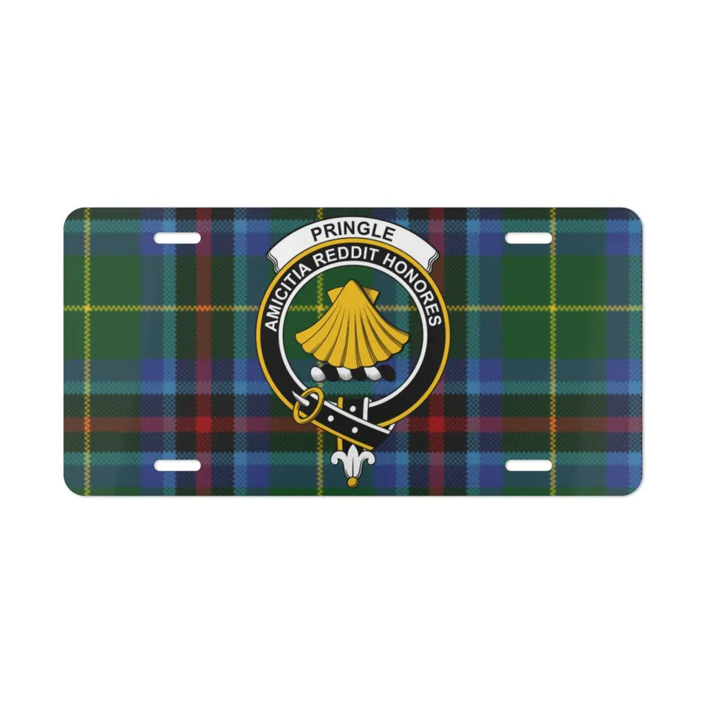 Clan Pringle crest badge tartan license plate — full-colour Scottish heritage design