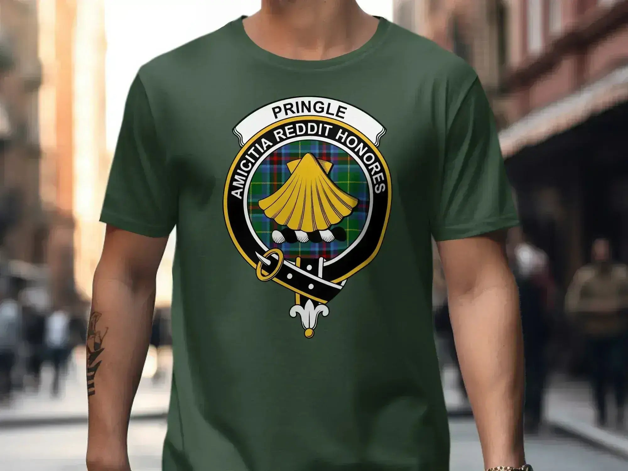 Clan Pringle coat of arms tartan crest T-shirt in royal blue — soft cotton, short sleeve