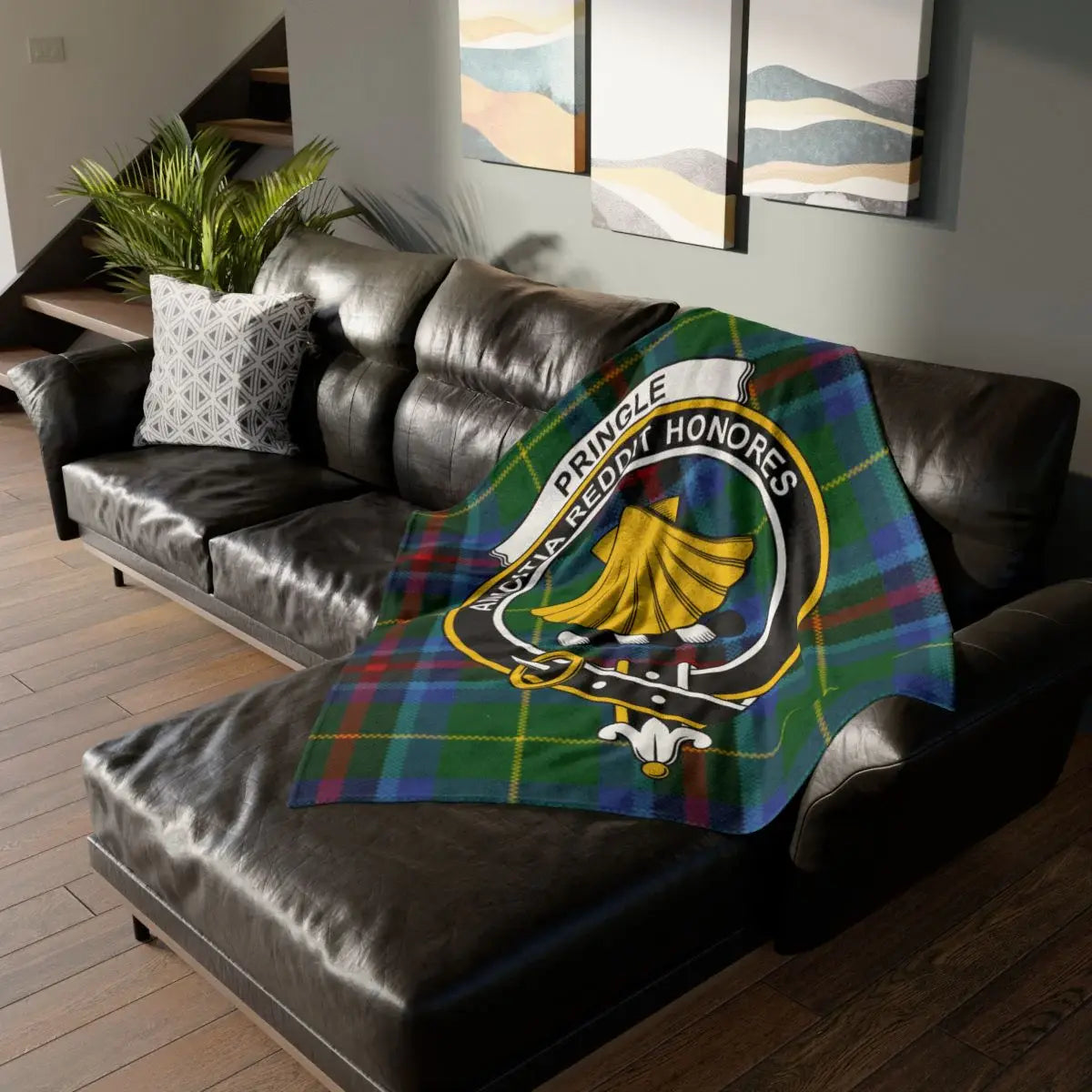 Clan Pringle tartan throw blanket — Amicitia Reddit Honores crest on lightweight polyester, 50" x 60"