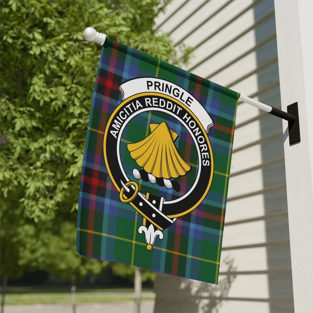 Clan Pringle tartan garden flag — 12" x 18" poly canvas with Amicitia Reddit Honores crest