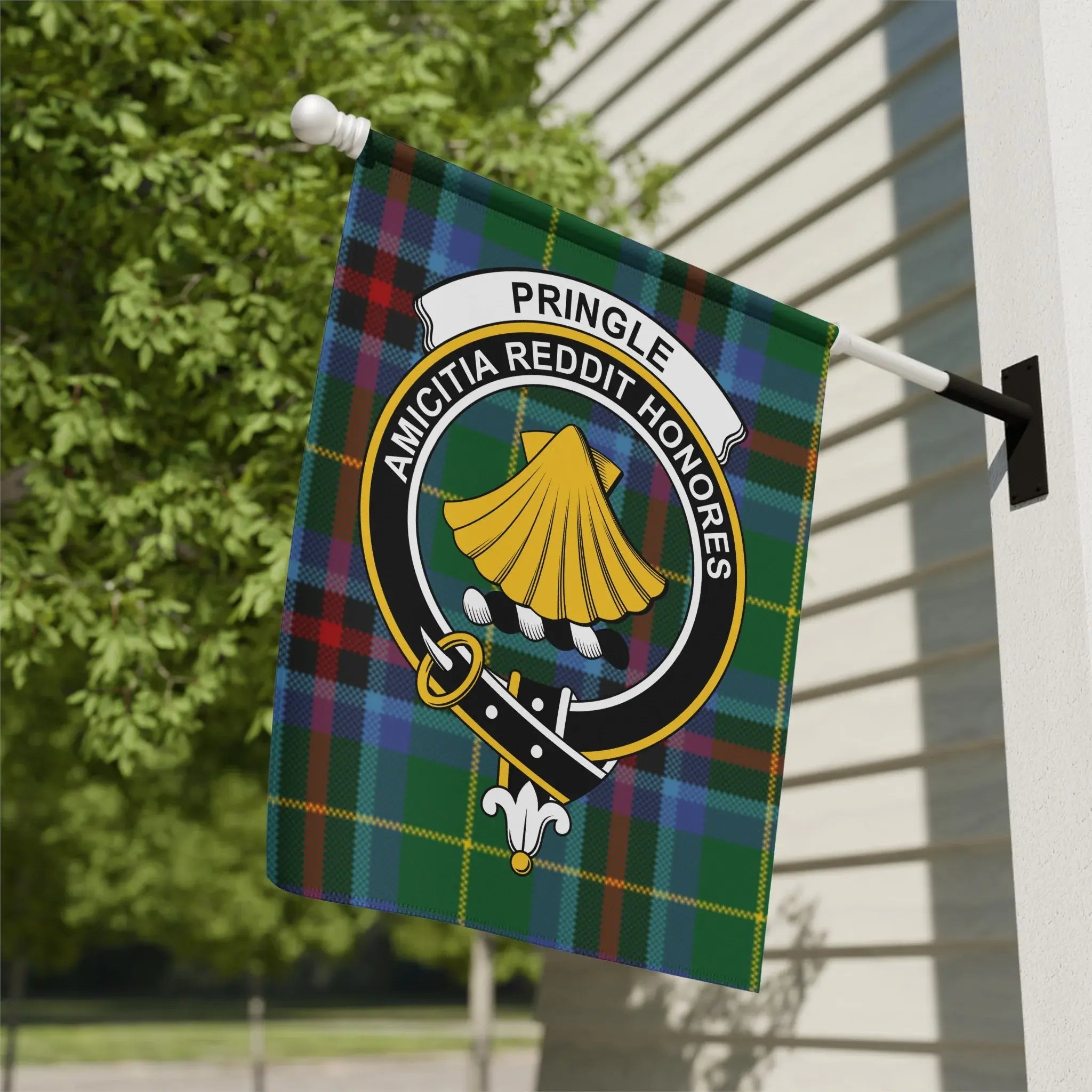 Clan Pringle tartan garden flag — 12" x 18" poly canvas with Amicitia Reddit Honores crest