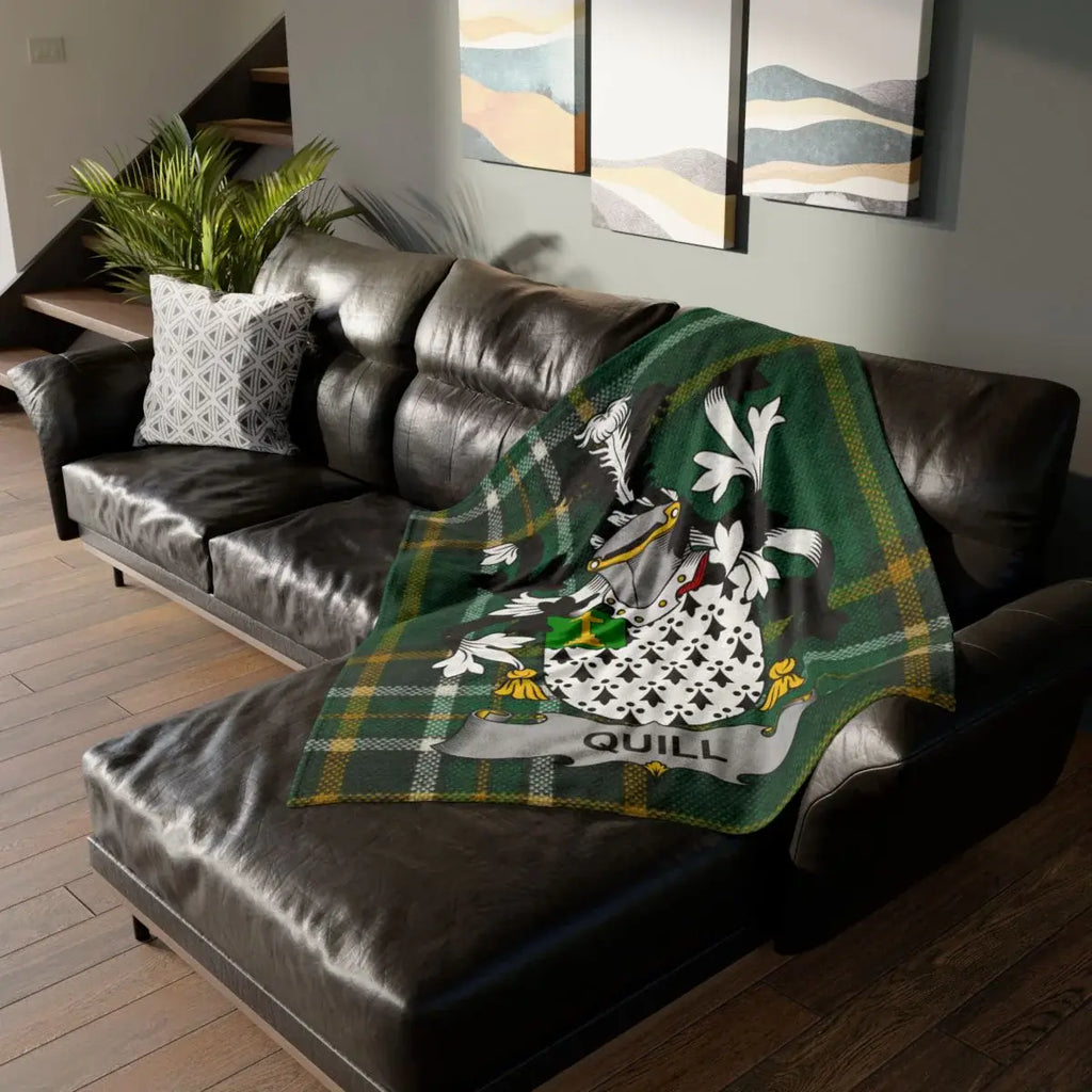 Personalized Quill Family Crest Green Tartan Blanket