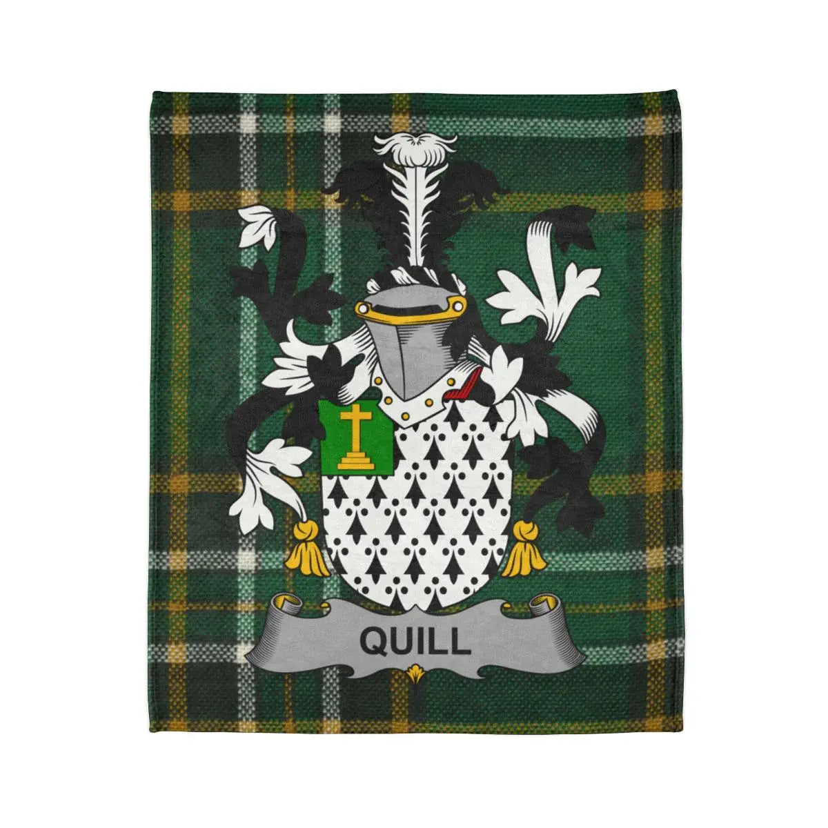 Quill Family Crest Design on Green Tartan Blanket
