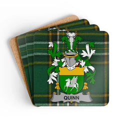 Quinn Family Crest on Plaid Background Coaster Set