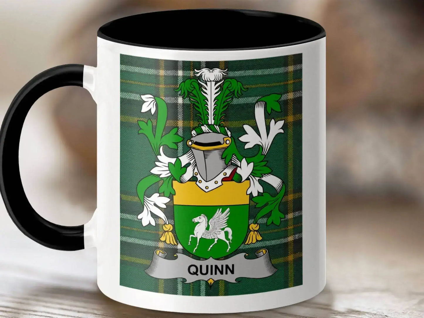 Quinn Surname Family Crest Irish Tartan Mug - Celtic Ancestry Gifts