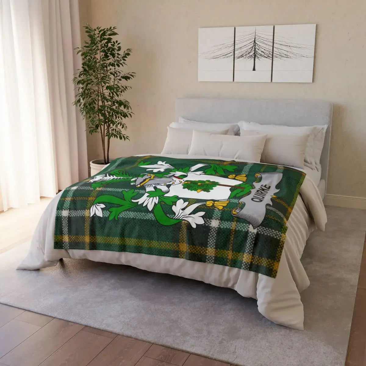 Green Plaid Blanket with Floral and Shield Design Quilt