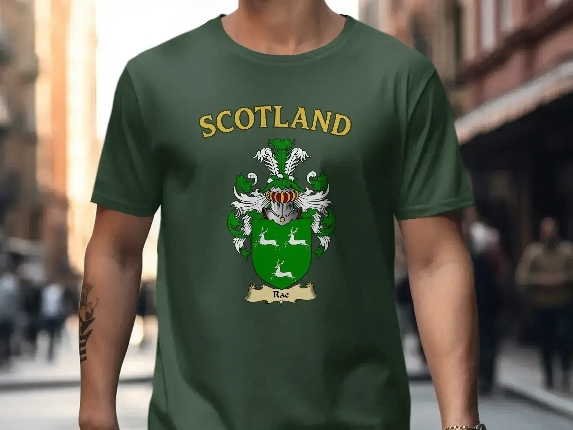 Rae Scottish clan crest t-shirt — heritage crest graphic on soft cotton