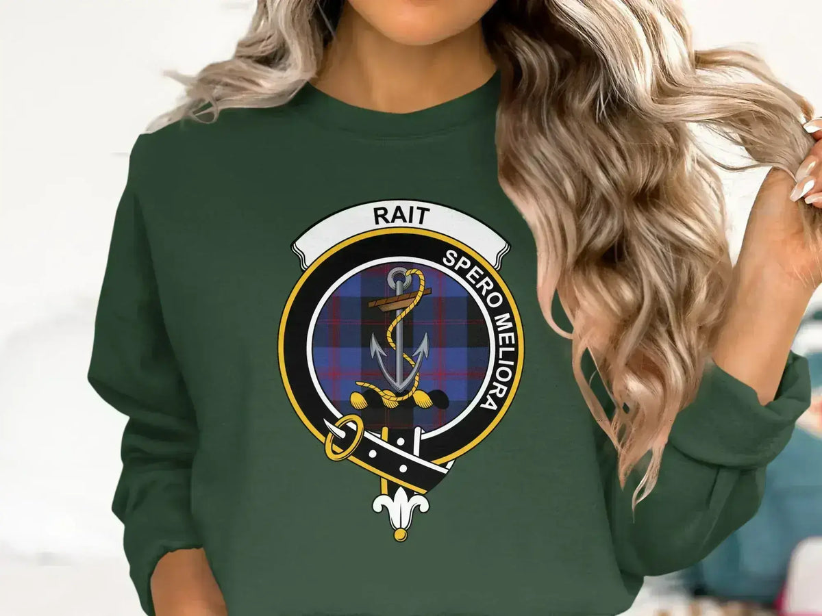 Rait clan crest sweatshirt with Spero Meliora motto and tartan design
