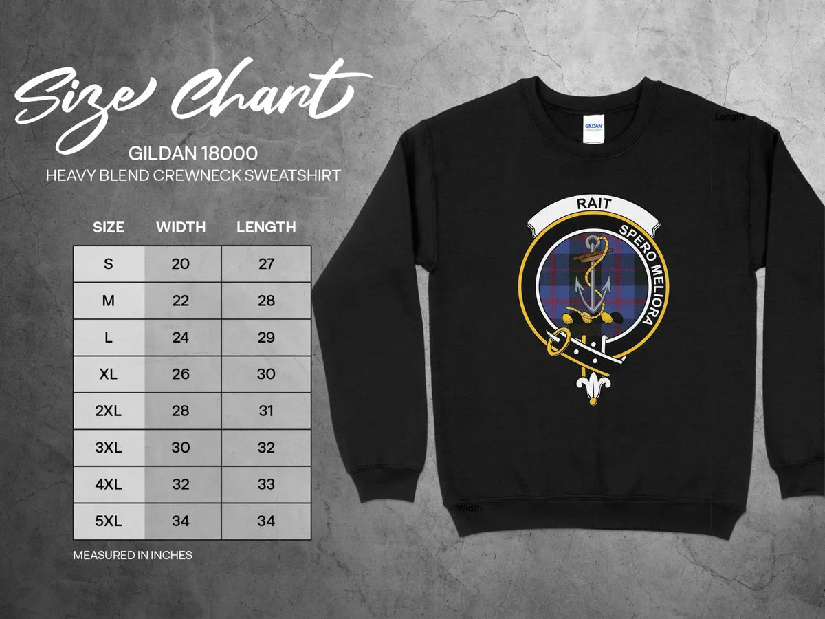 Rait clan crest crewneck sweatshirt with Spero Meliora motto and tartan design