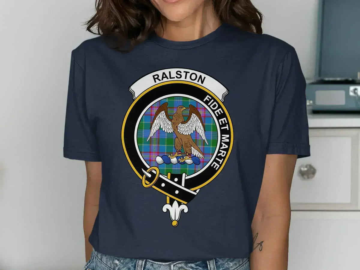 Ralston clan crest T-shirt with Fide Et Marte motto and tartan design