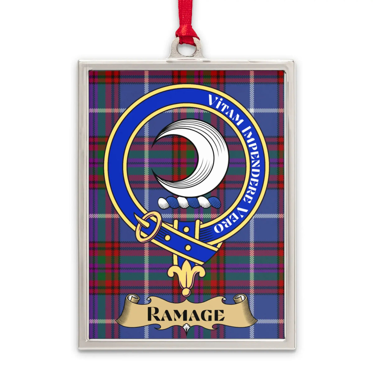 Ramage tartan-background crest ornament shown as a Scottish heritage keepsake gift