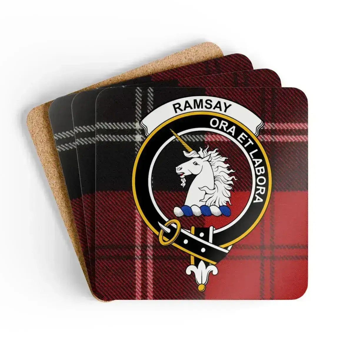 Clan Ramsay crest tartan coaster set — glossy print on natural cork, 3.75 inch square