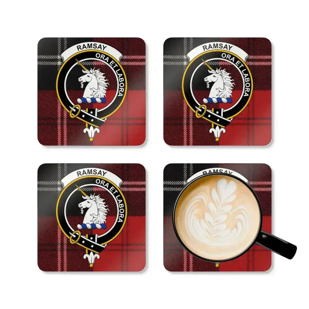 Ramsay ora et labora clan crest coasters — red tartan design, full set view