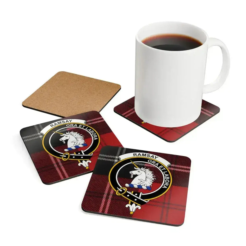 Clan Ramsay tartan coaster close-up — vibrant unicorn crest print on cork base