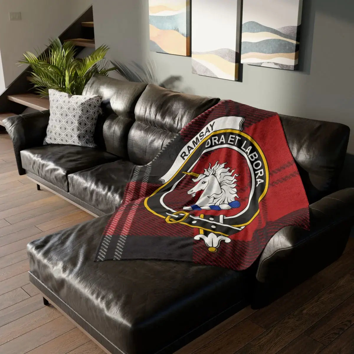 Clan Ramsay crest tartan throw blanket — lightweight 100% polyester, full design view