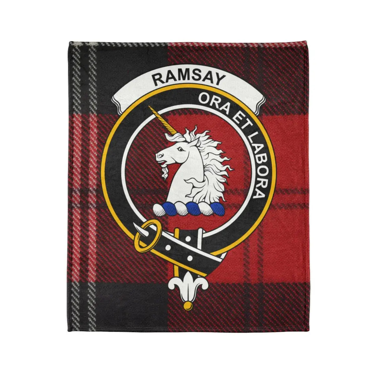 Clan Ramsay printed throw blanket — ora et labora crest, 50x60 inch size