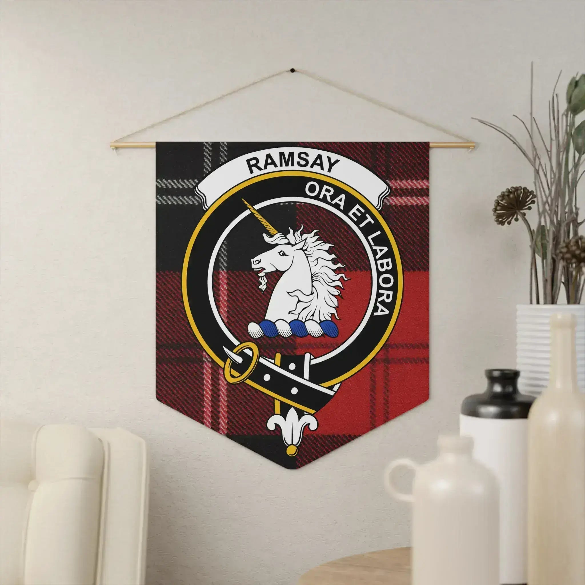 Clan Ramsay crest tartan pennant — 18x21 inch polyester twill with wooden dowel