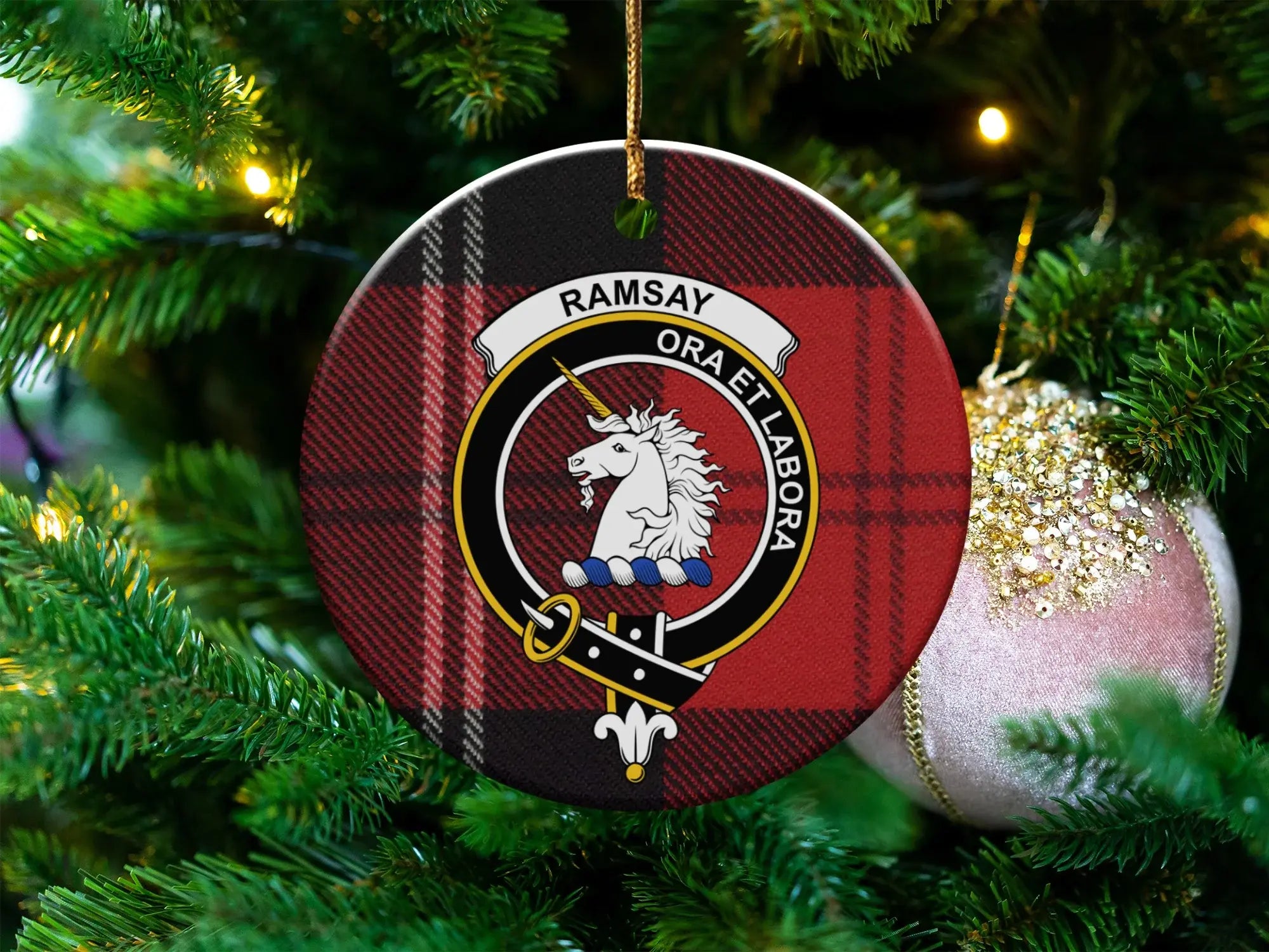 Clan Ramsay tartan crest ceramic ornament — 3 inch, double-sided with gold string
