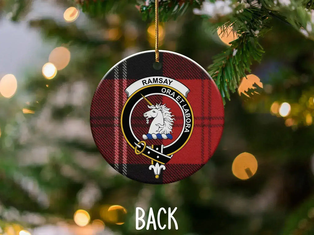 Ramsay ora et labora plaid ornament front view — red tartan and crest design