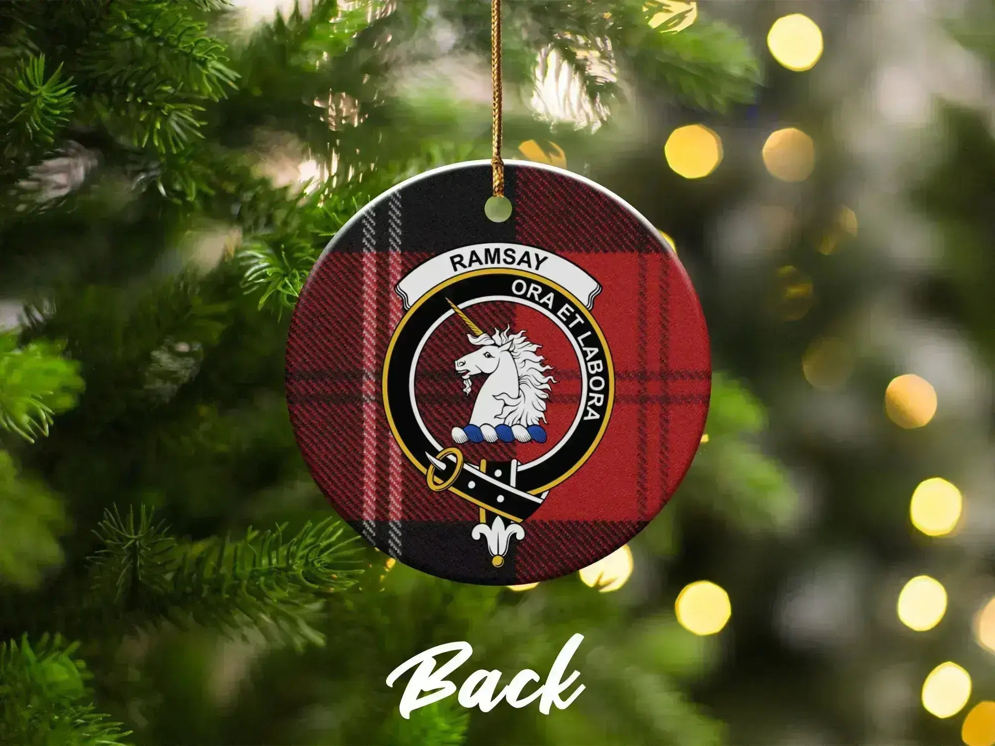 Clan Ramsay ceramic Christmas ornament — unicorn shield crest and red plaid