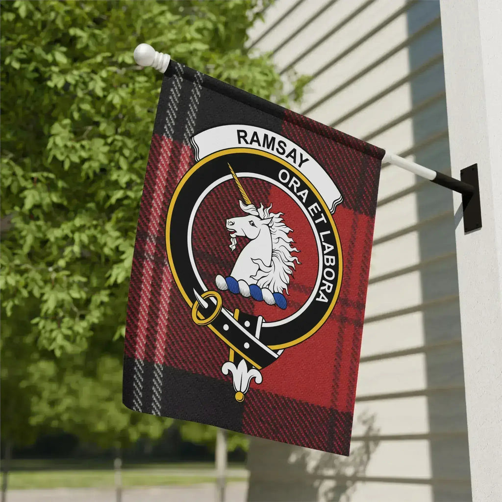 Clan Ramsay tartan garden flag — 12x18 inch, poly canvas with crest and red plaid