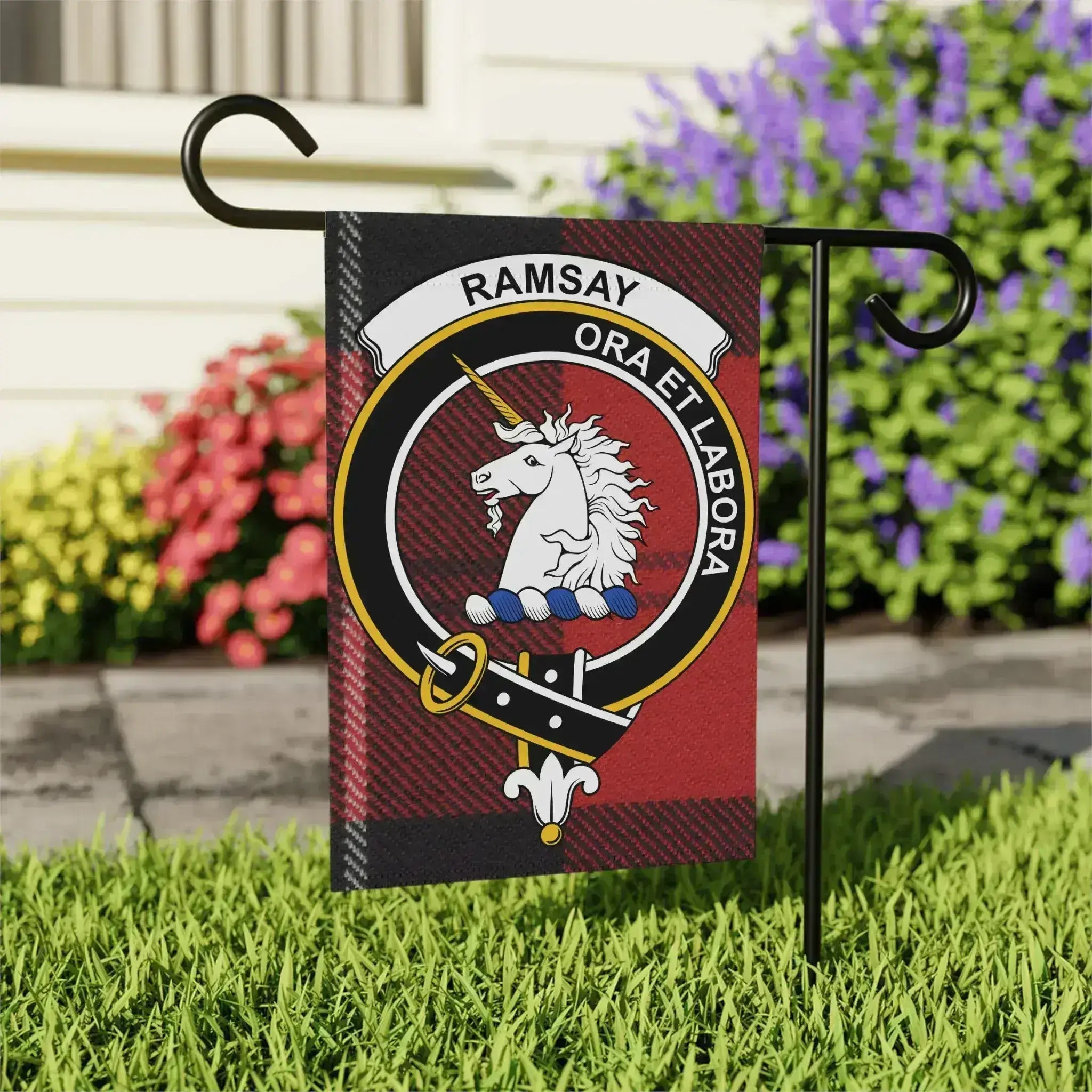 Ramsay clan crest garden flag — 24.5x32 inch outdoor display, ora et labora tartan