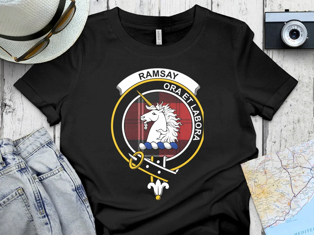 Clan Ramsay crest tartan t-shirt in black — unicorn emblem, front view