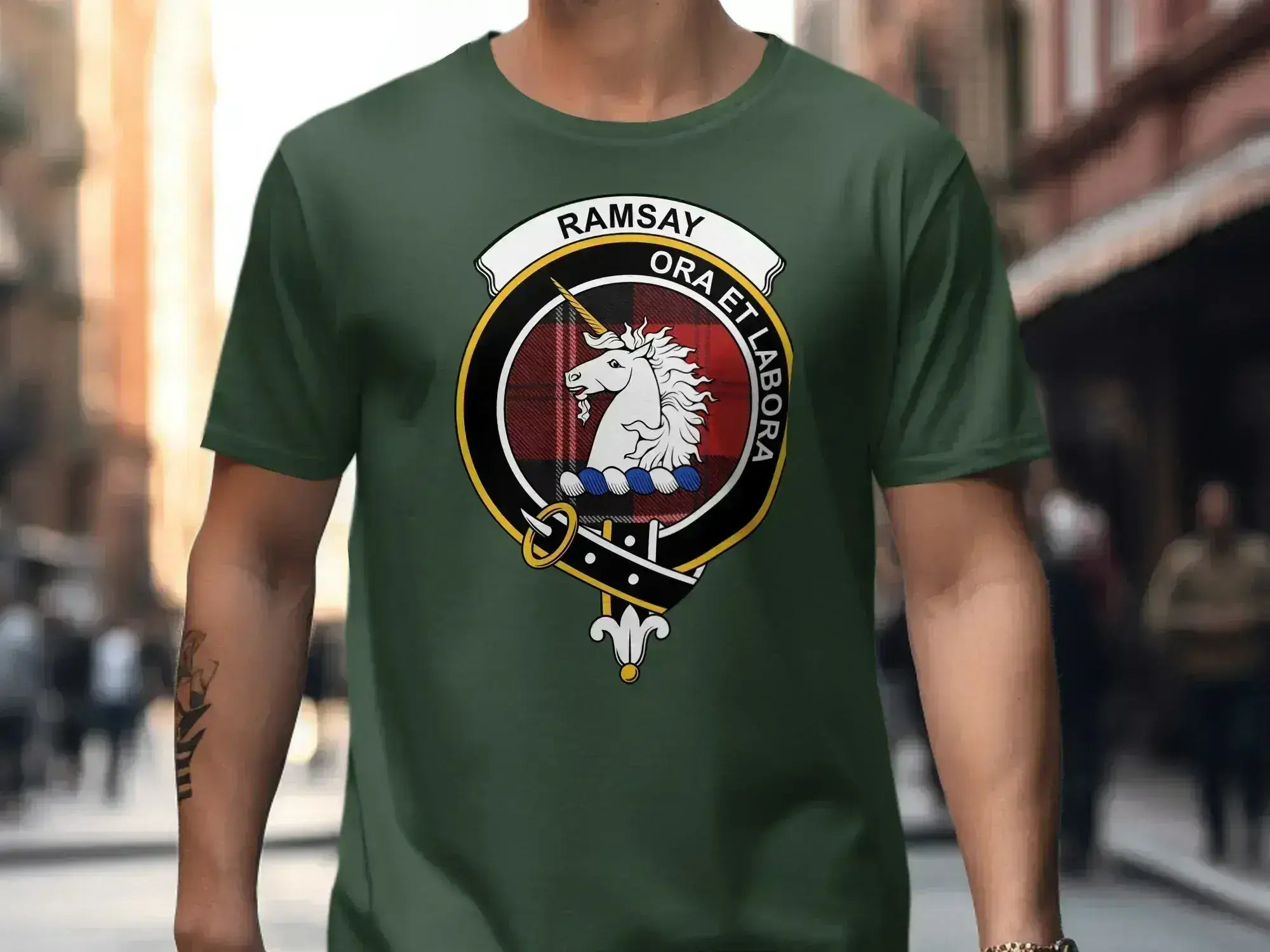 Clan Ramsay t-shirt in royal blue — crest design, relaxed fit