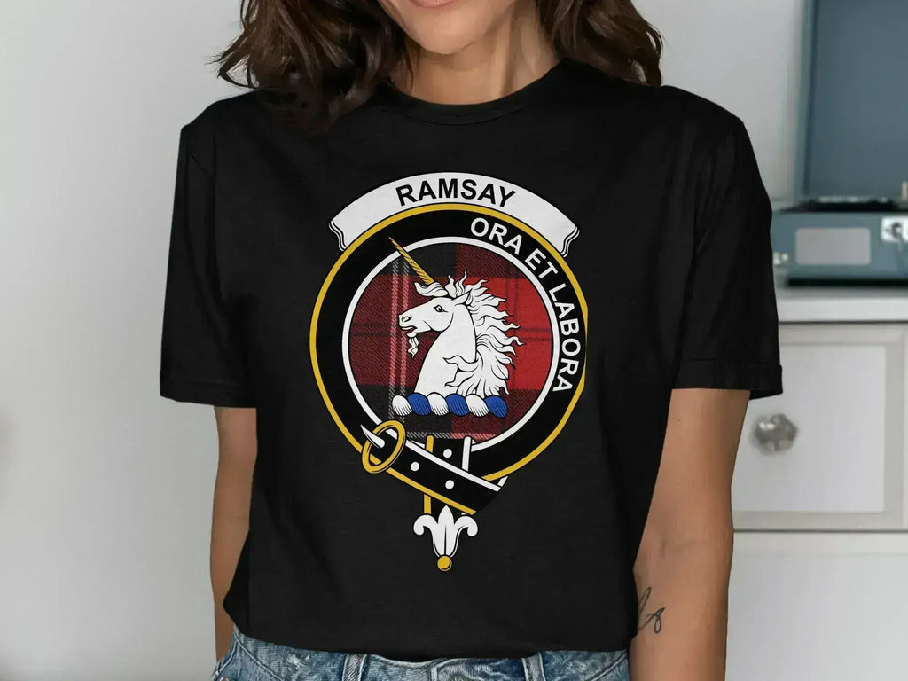 Ramsay crest t-shirt in black — ora et labora design, front view
