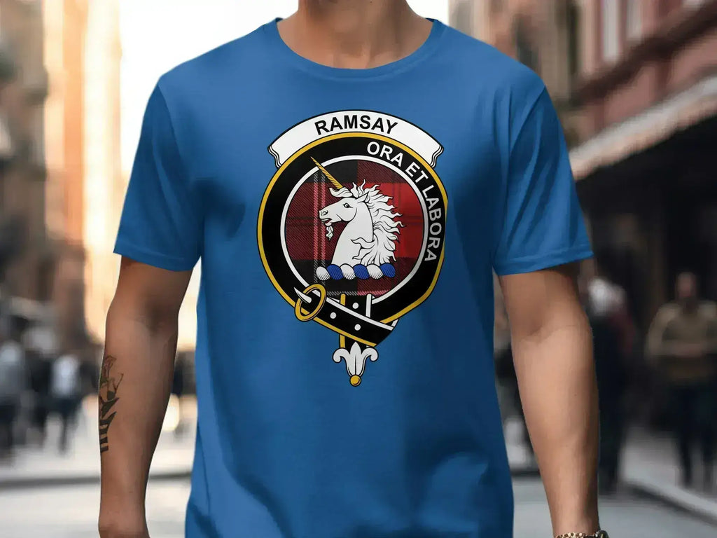 Clan Ramsay tee in forest green — Scottish unicorn emblem, classic fit