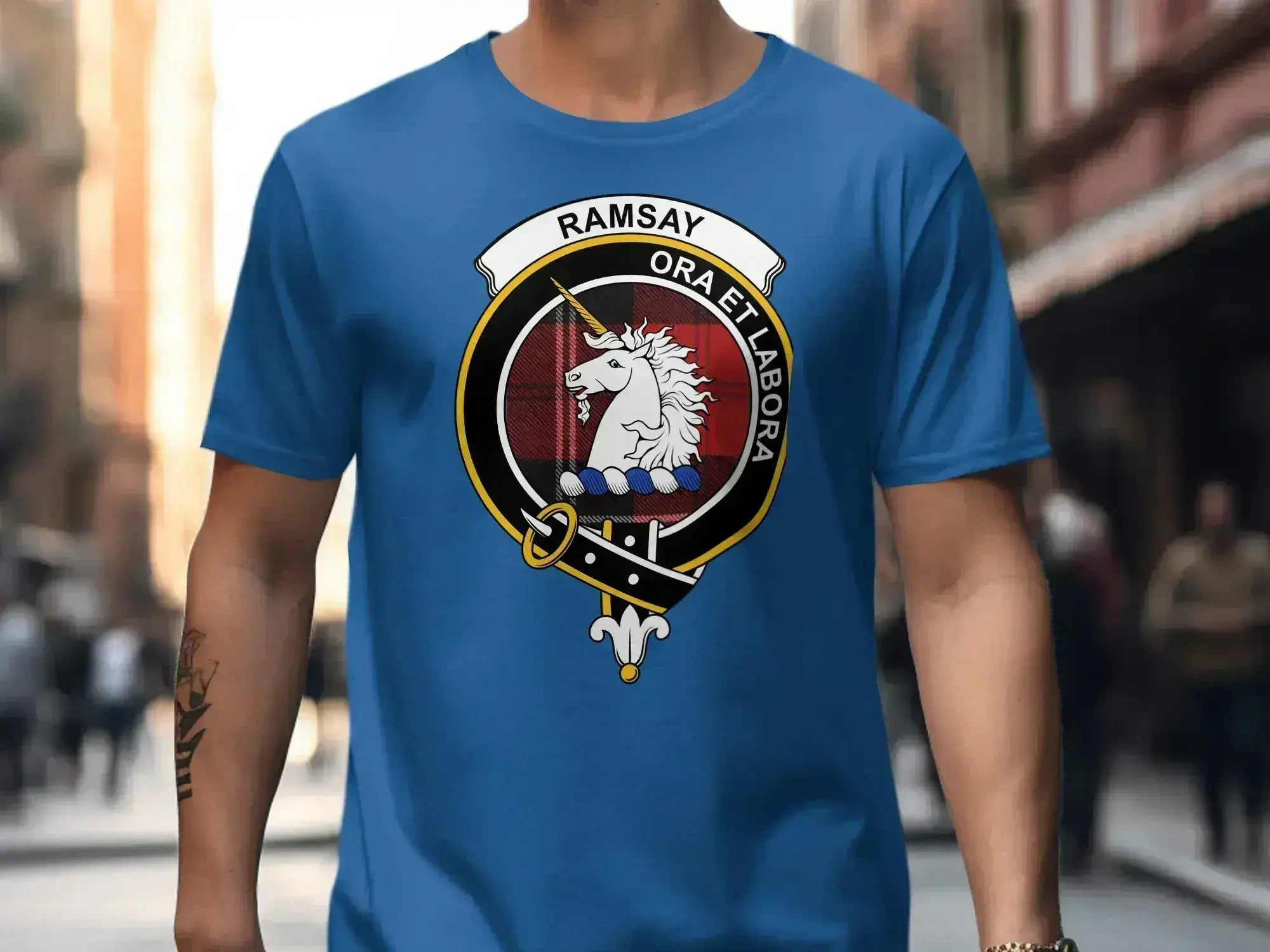 Clan Ramsay tee in forest green — Scottish unicorn emblem, classic fit