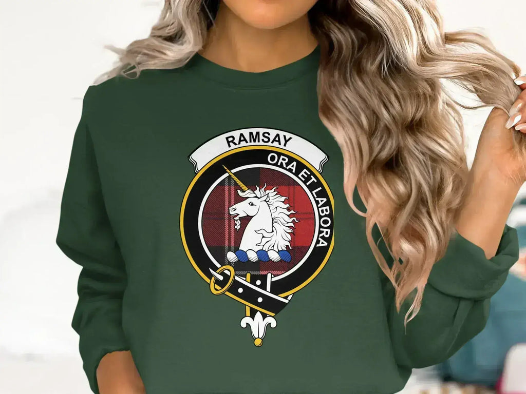 Clan Ramsay crest tee — navy cotton with printed ora et labora emblem