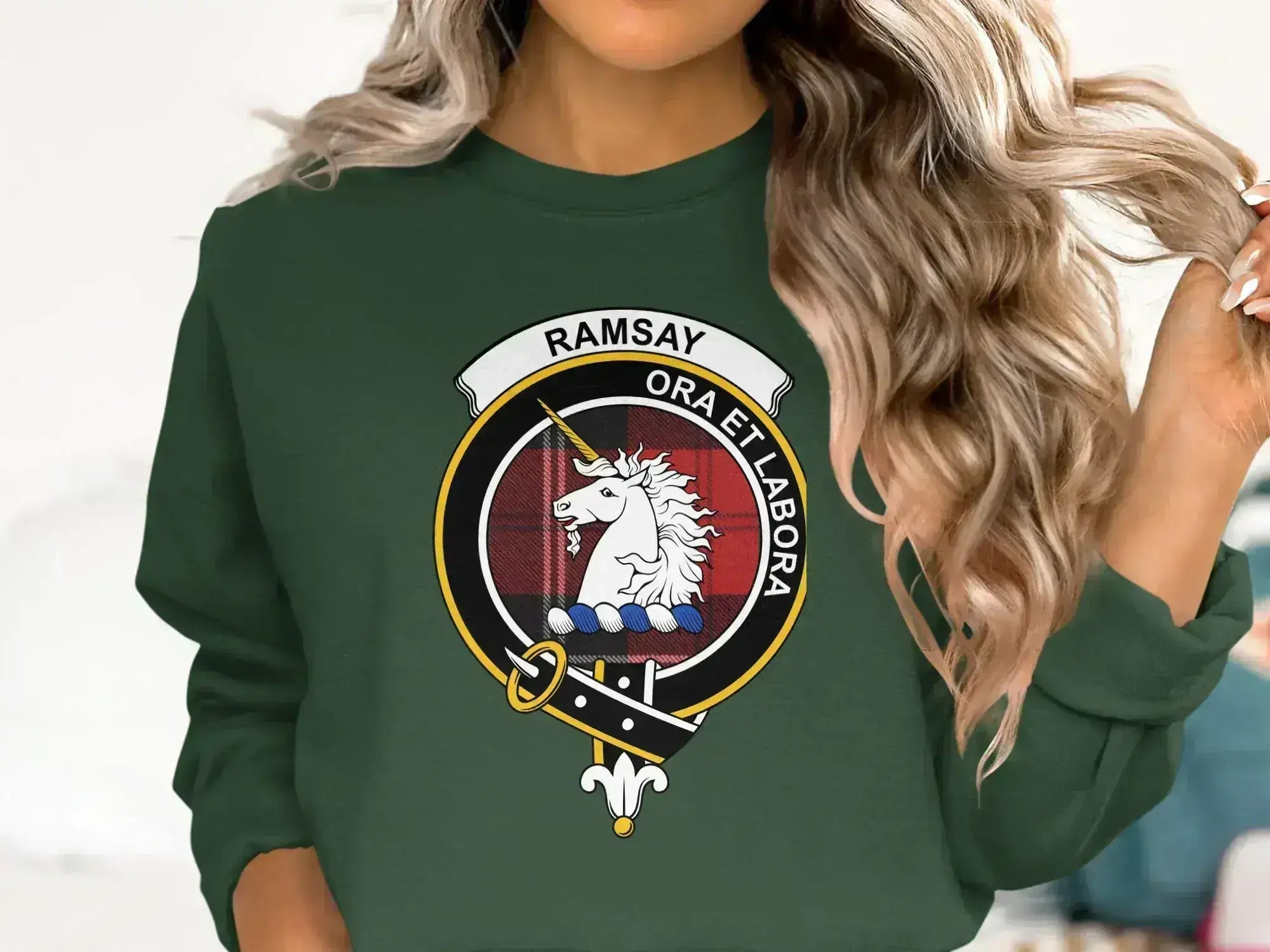 Clan Ramsay crest tee — navy cotton with printed ora et labora emblem