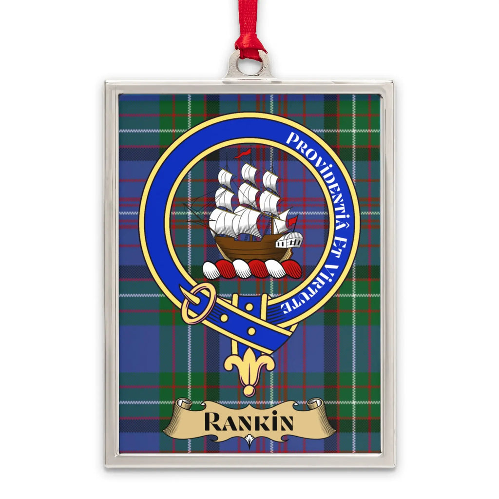 Rankin tartan-background crest ornament shown as a Scottish heritage keepsake gift