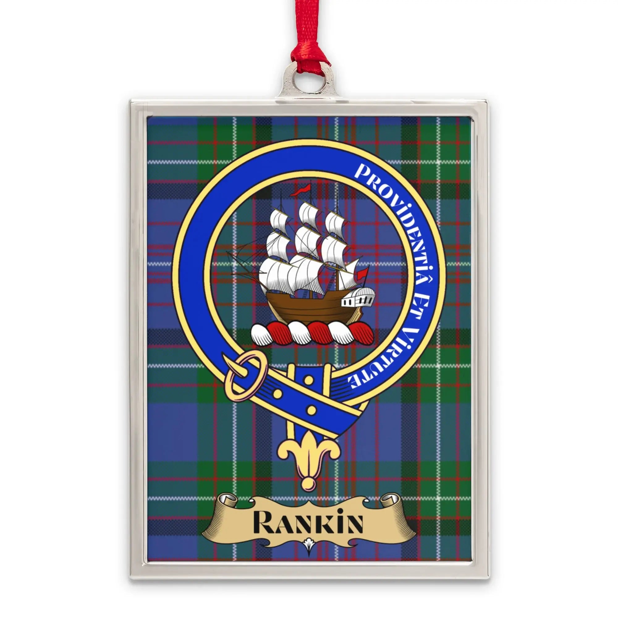 Rankin tartan-background crest ornament shown as a Scottish heritage keepsake gift