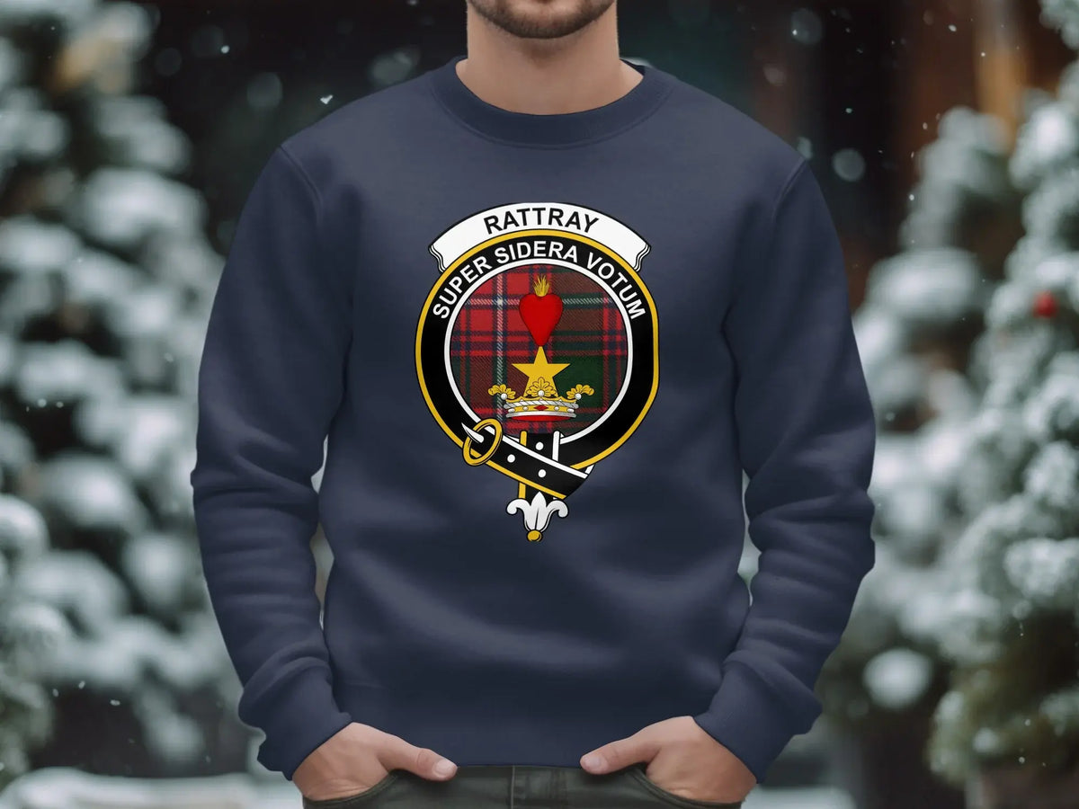 Rattray clan crest sweatshirt with Super Sidera Votum motto and tartan design