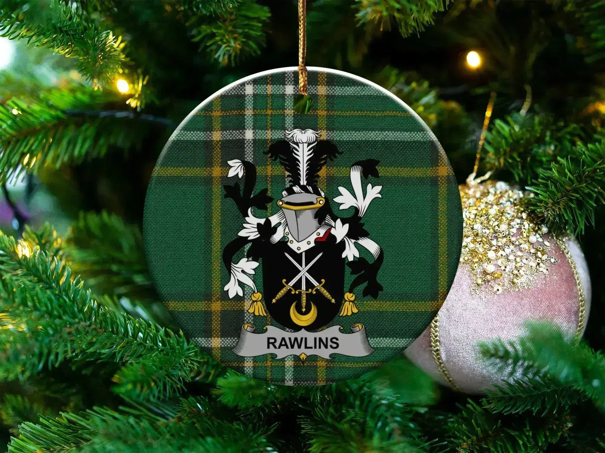 Rawlins Family Crest Plaid Round Ornament