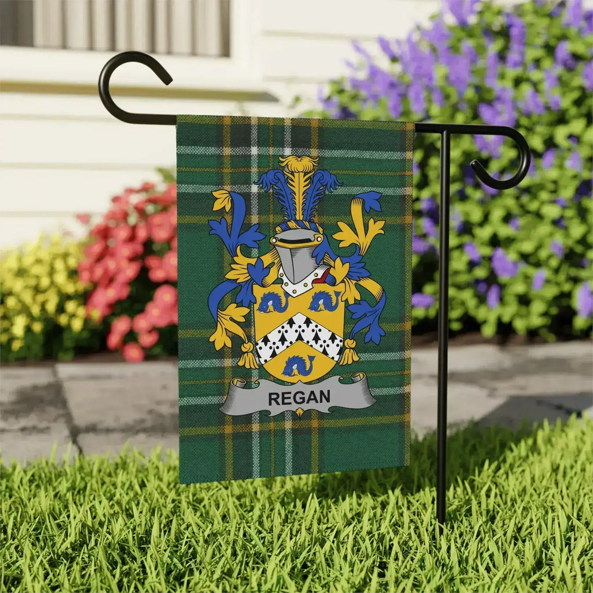Custom Regan Family Crest Plaid Outdoor Garden Flag