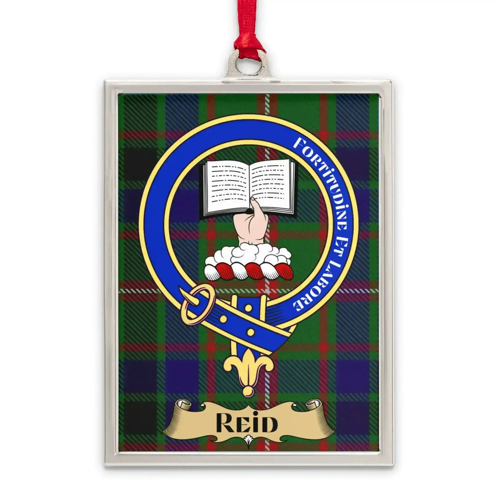 Reid tartan-background crest ornament shown as a Scottish heritage keepsake gift