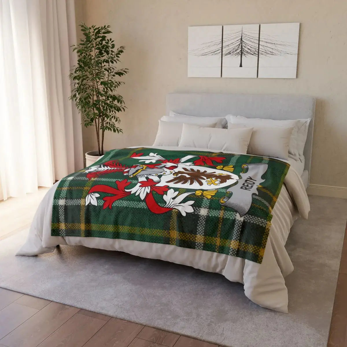 Cozy Green Plaid Blanket with Family Crest Design