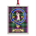 Rennie tartan-background crest ornament shown as a Scottish heritage keepsake gift