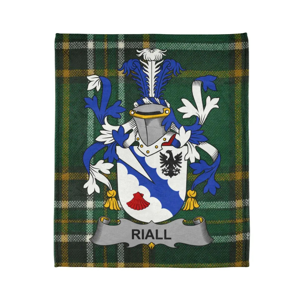 Riall Family Crest Shield on Green Plaid Background Blanket